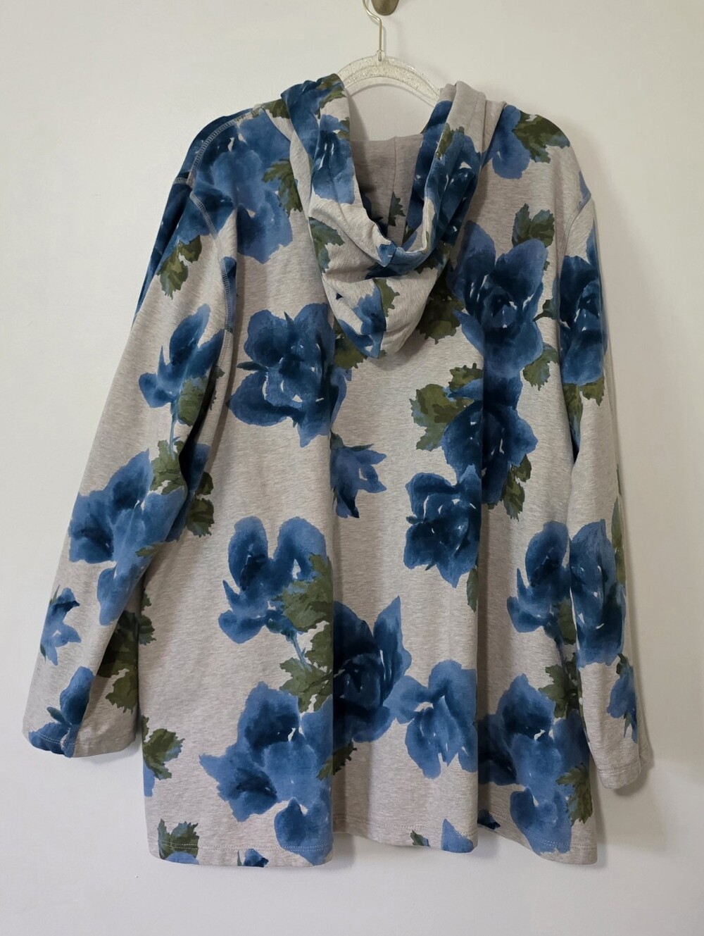 Susan Graver Weekend Floral Watercolor Blue & Green Henley Hoodie Pullover XL